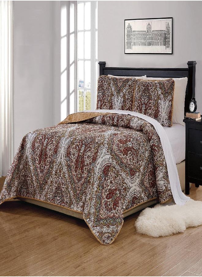 Linen Plus Quilted Bedspread Set Oversized Reversible Coverlet Floral Taupe Brown Green New (Full/Queen)