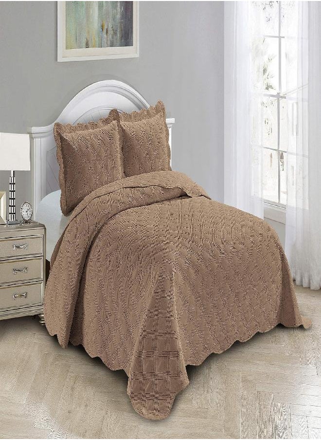 Fancy Linen 3pc Embossed Coverlet Bedspread Set Oversized Bed Cover Solid Modern Squared Pattern New # Jenni (Full/Queen, Taupe)