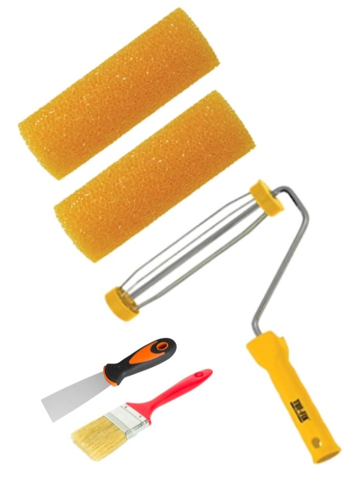 Painting Tool Kit - Sponge Paint Roller with Frame, 2 Extra Rollers, Paint Brush, and Scraper - DIY & Professional Use