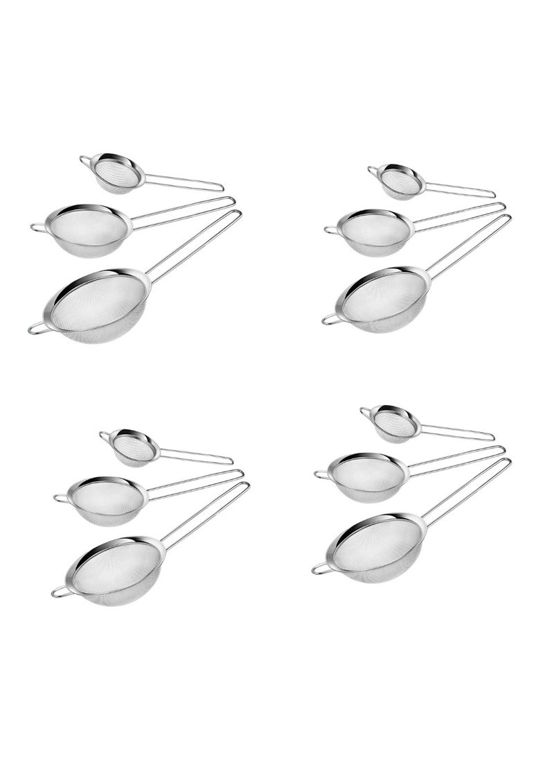 12 PCS Stainless Steel Fine Mesh Strainer Set - Small Medium & Large Sizes with Long Handles for Tea Coffee Juice Rice Vegetables & More  Durable Colander Sieve Sifters for Kitchen Use