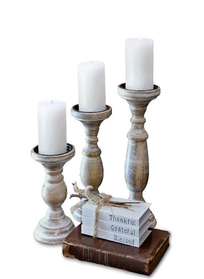 Candle Holders for Pillar Candles, Wooden Candleholders Table Centerpiece, Pillar Candle Holders Set of 3, Wood Candle Holders, Rustic Pillar Candle Holder, Farmhouse Candle Holders Fireplace White