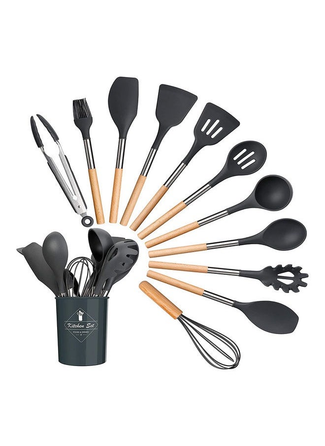 Set of 12 Silicone Cooking Utensils and Spatulas with Wooden Handles Heat Resistant for Non-Stick Cookware Black