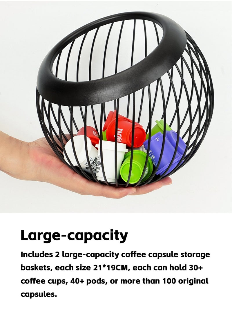 2 Pieces Coffee Pod Holder, Espresso Coffee Capsule Holder Organizer Storage Basket, Metal Wire Large Capacity Cup Fruit Bowl Coffee Bar, for Counter Kitchen Pantry Office Bar Cafe (Black)