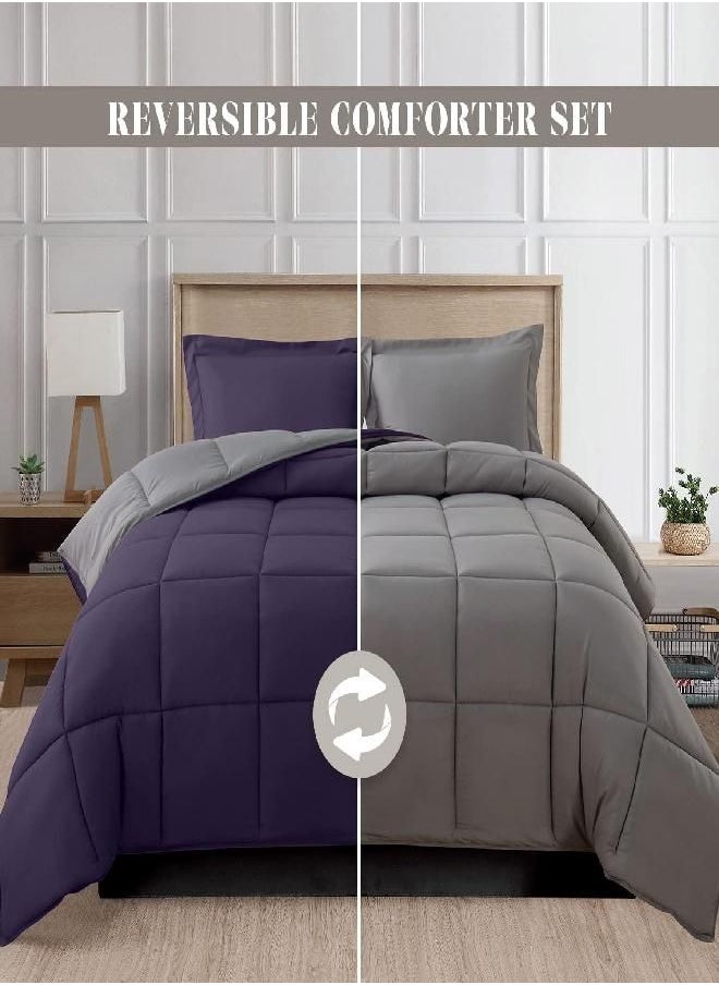 Elegant Comfort 3-Piece Reversible Comforter Set, All Season Cozy, Soft Down Alternative, Quilted - Box Stitched - Duvet Insert with 4 Corner Tabs, Comforter with Shams, Queen, Purple/Gray