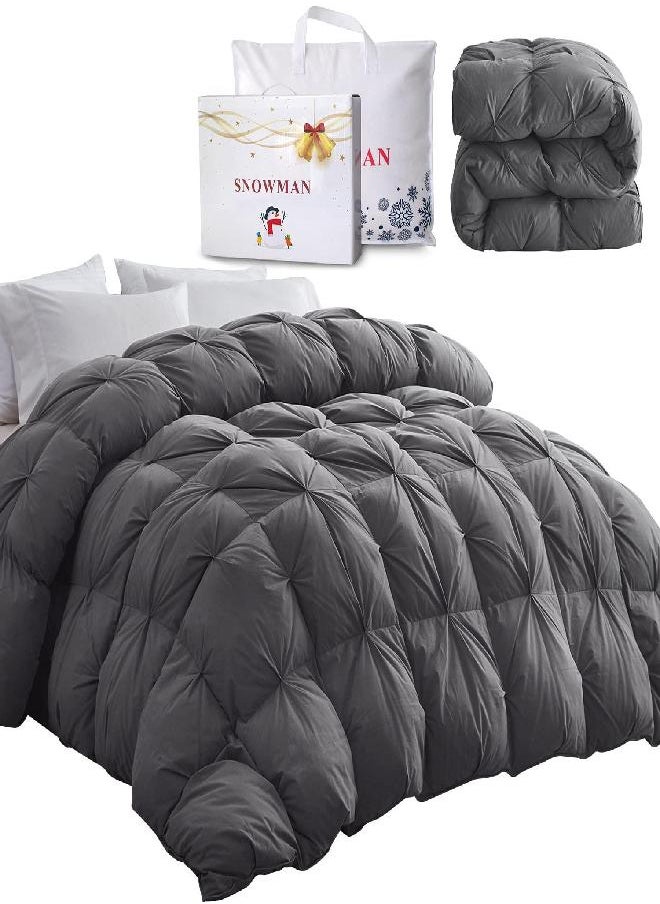 SNOWMAN All-Season 75% Down Comforter Queen Size, Pinch Pleat Duvet Insert with 8 Corner Tabs, Medium Warm Bed Comforter, Soft and Durable Down Proof Cotton Blended Fabric (Grey, 90