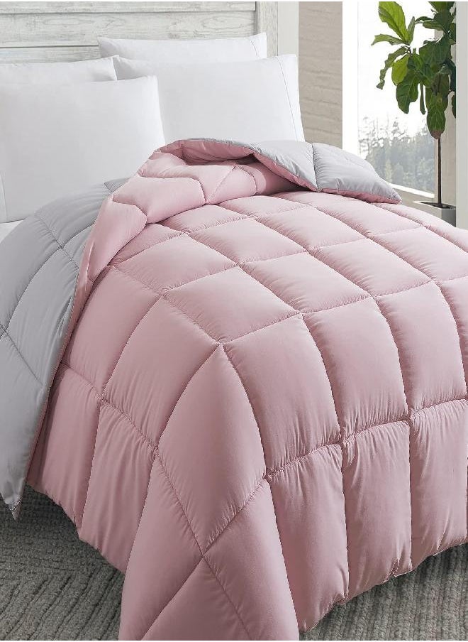 Cosybay Down Alternative Comforter (Pink/Light Grey, Queen) - All Season Soft Quilted Queen Size Bed Comforter - Lightweight Duvet Insert with Corner Tabs - Winter Summer Warm Fluffy, 88x92inches