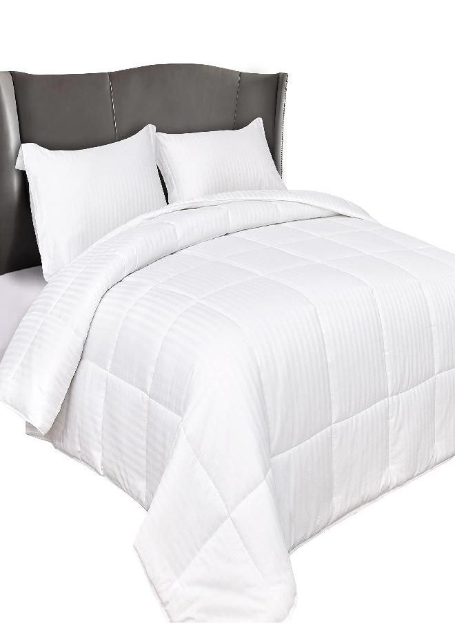 Elegant Comfort Premium Hotel Quality 1200 Thread Count 100% Egyptian Cotton, 3-Piece Stripe Down Alternative Cotton Comforter Set - Box Stitched - Duvet Insert with 4 Corner Tabs, Queen, White