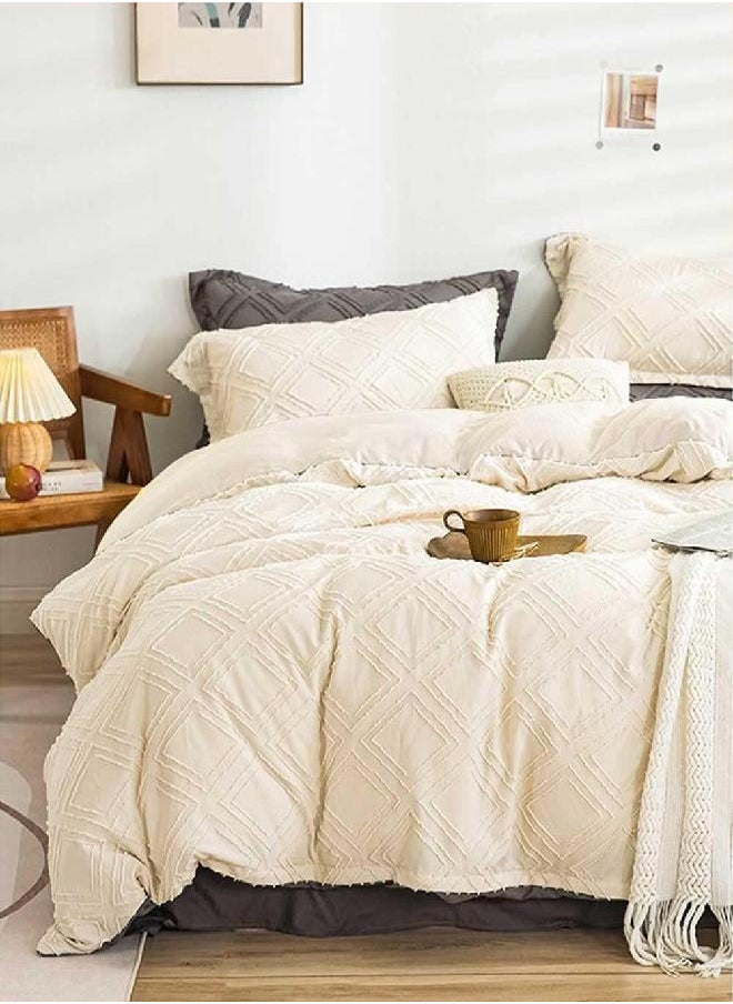 Nanko Queen Comforter Set Beige Tufted Jacquard Boho Geometry Soft Shabby Chic Down Alternative Microfiber Bedding - All Season Duvet Modern Farmhouse Bed Sets Women Men Size 90 x90 3pc Cream Tan