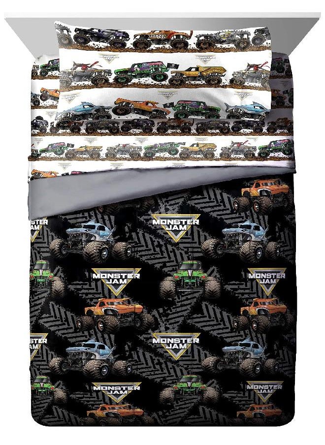 Monster Jam Tracks 5 Piece Full Bed Set - Includes Comforter & Sheet Set - Bedding Features Grave Digger &,Megalodon - Super Soft Fade Resistant Microfiber (Official Monster Jam Product)