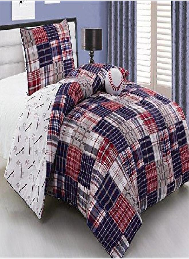 Grand Linen 3 - Piece Kids Twin Size Baseball Sports Theme Comforter Set with Plush Ball Included-Navy Blue, Red, White and Beige Plaid. Boys, Girls, Guest Room and School Dormitory Bedding