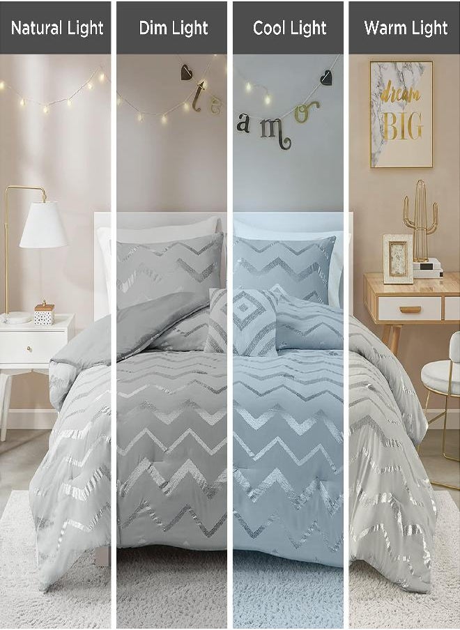 Codi Ziggy Grey/Silver Comforter Set Queen/Full Size, Chevron Plush Metallic Bed Set, 4 Piece Bedding Sets (2 Matching Sham + 1 Decorative Pillow)