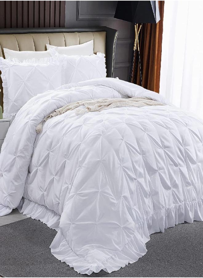 HOMBYS 128x120 Oversized King Comforter Set, 3 Piece Ultra Soft Pinch Pleat Bedding Sets for King Bed, White Pintuck Down Alternative Comforter with Ruffles (1 Comforter+2 Matching Shams)