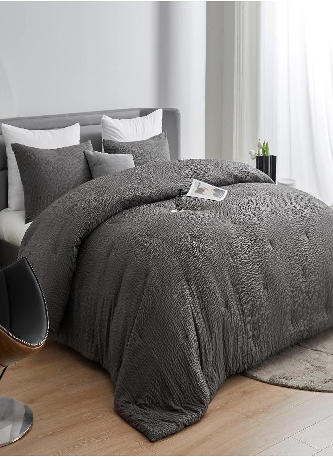 HOMBYS 3 Piece Seersucker Oversized King Comforter Set 120x120, Breathable Grey Soft Comforter Set, Lightweight Bedding Comforter Sets with Comforter for All Season