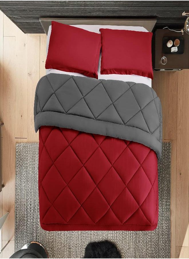 Elegant Comfort Reversible 3-Piece Comforter Set All Season, Ultra Soft, Down Alternative Comforter, King, Red/Gray