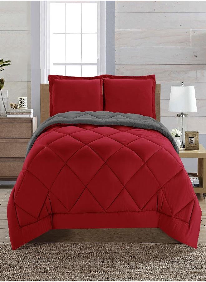 Elegant Comfort Reversible 3-Piece Comforter Set All Season, Ultra Soft, Down Alternative Comforter, King, Red/Gray