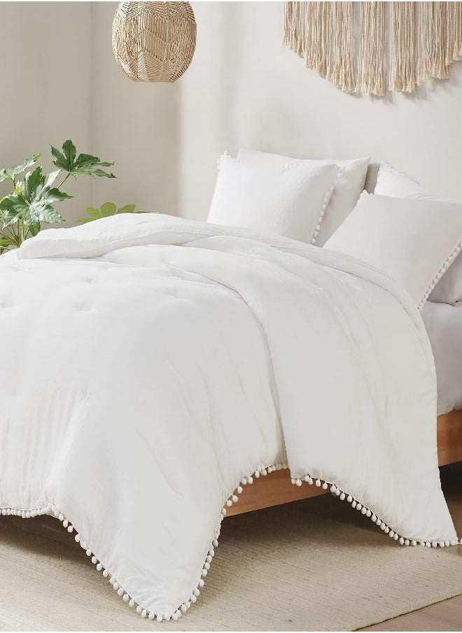 Codi White Boho Queen Comforter Set, Aesthetic Luxurious Pom Fringe Design Bedding Full, Cute Soft Washed Microfiber Bed Sets, Lightweight Chic 3pcs,1 Comforter & 2 Pillowcases (90x90 Inches)