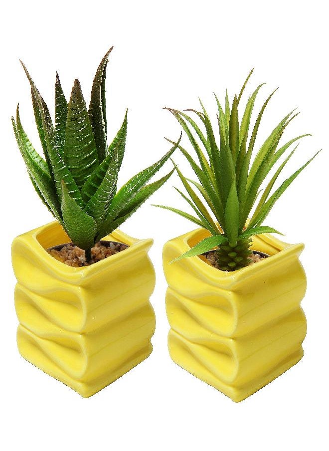 MyGift 4 Inch Yellow Ceramic Indoor Plant Pot with Drainage Hole, Mini Modern Decorative Succulent Planters with Candy Ribbon Design, Set of 2