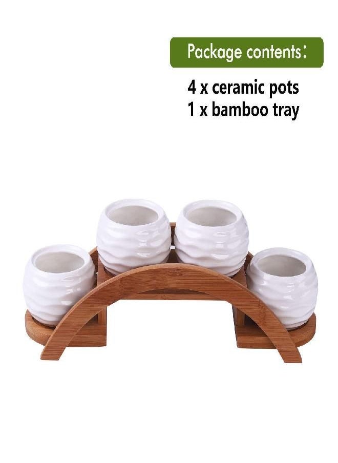 E-liu Succulent Pots and Stand Set, Ceramic White Succulent Planter Pot with Drainage, Pack of 4, Cute Office Garden Indoor Decoration, Plants Not Included