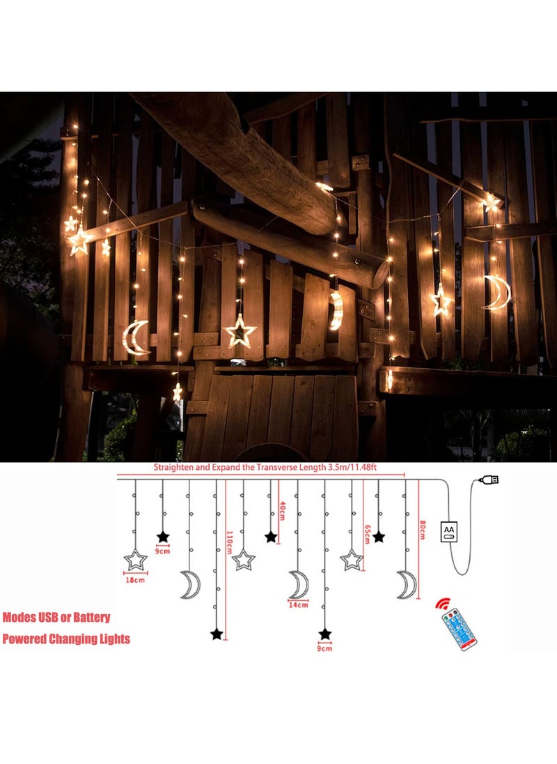 Star Moon String Lights 11.48FT Star Fairy Lights 8 Lighting Modes Remote Control Timer Star Moon LED Lights for Ramadan Kid Bedroom Warm White Battery Operated