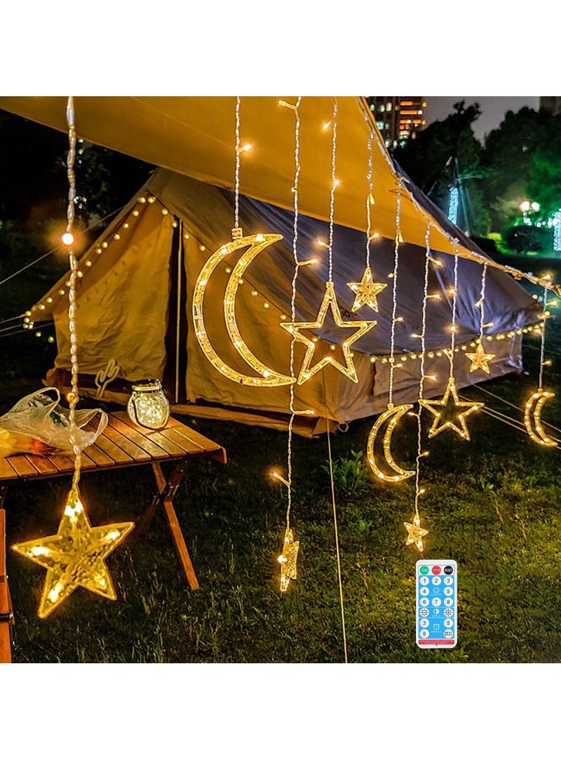 Star Moon String Lights 11.48FT Star Fairy Lights 8 Lighting Modes Remote Control Timer Star Moon LED Lights for Ramadan Kid Bedroom Warm White Battery Operated