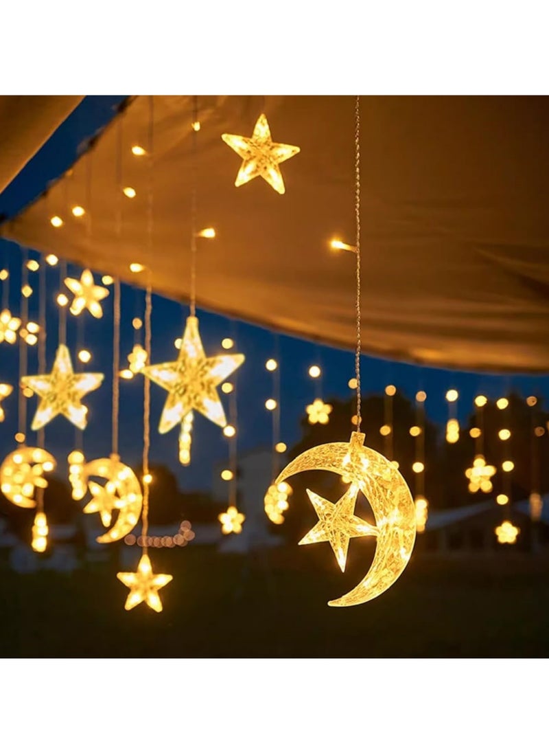 Ramadan Eid Al Adha Decorations String Lights, Moon Star Ramadan Eid Window Curtain LED String Light, Battery Operated Muslim Lights for Ramadan Mubarak Kareem Indoor Outdoor Decor Home Decoration Party