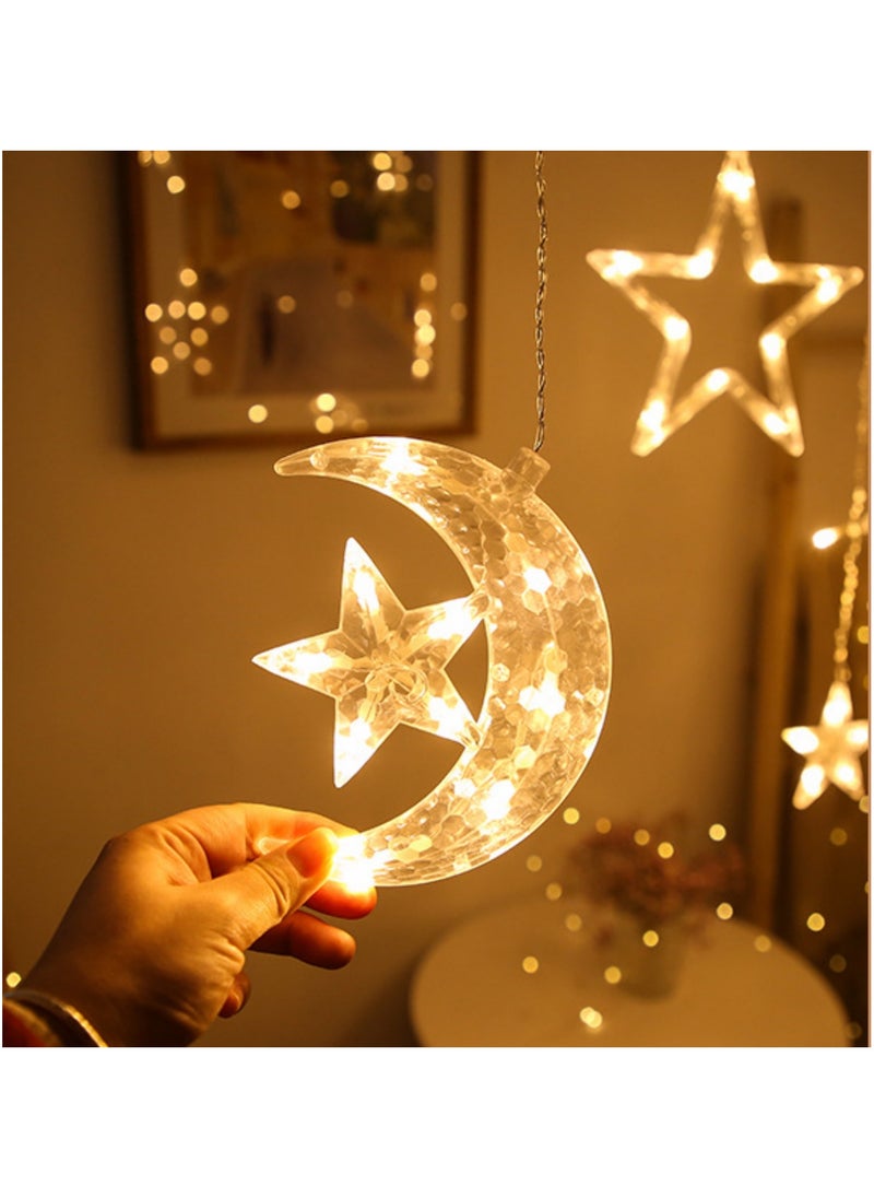 Ramadan Eid Al Adha Decorations String Lights, Moon Star Ramadan Eid Window Curtain LED String Light, Battery Operated Muslim Lights for Ramadan Mubarak Kareem Indoor Outdoor Decor Home Decoration Party