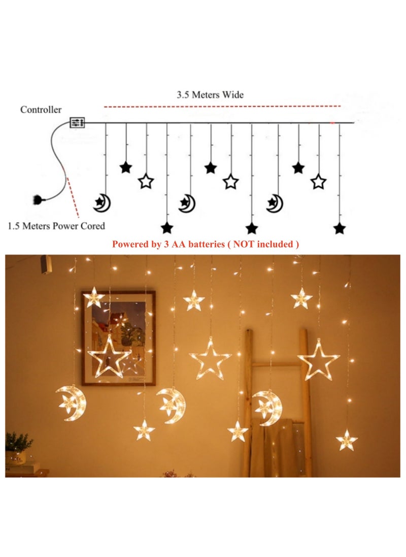 Ramadan Eid Al Adha Decorations String Lights, Moon Star Ramadan Eid Window Curtain LED String Light, Battery Operated Muslim Lights for Ramadan Mubarak Kareem Indoor Outdoor Decor Home Decoration Party