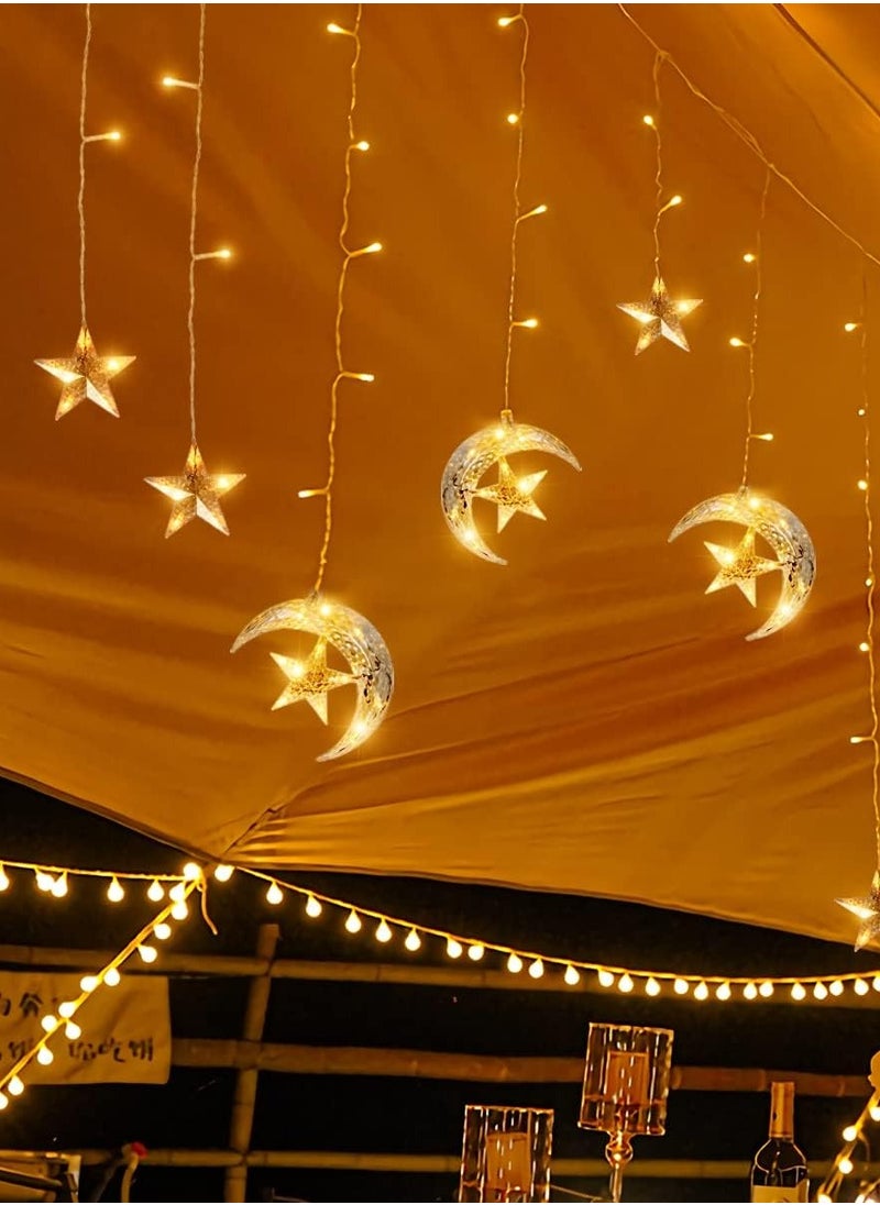 Ramadan Eid Al Adha Decorations String Lights, Moon Star Ramadan Eid Window Curtain LED String Light, Battery Operated Muslim Lights for Ramadan Mubarak Kareem Indoor Outdoor Decor Home Decoration Party