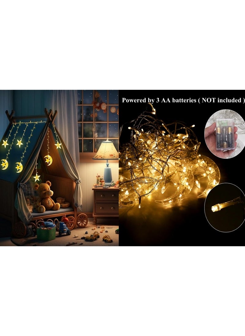 Ramadan Eid Al Adha Decorations String Lights, Moon Star Ramadan Eid Window Curtain LED String Light, Battery Operated Muslim Lights for Ramadan Mubarak Kareem Indoor Outdoor Decor Home Decoration Party