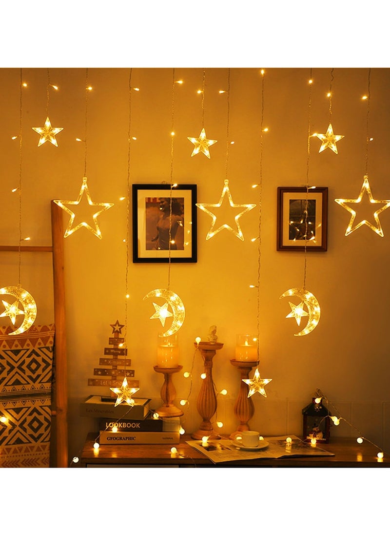 Ramadan Eid Al Adha Decorations String Lights, Moon Star Ramadan Eid Window Curtain LED String Light, Battery Operated Muslim Lights for Ramadan Mubarak Kareem Indoor Outdoor Decor Home Decoration Party