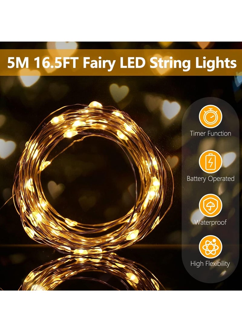 4 Pack Fairy String Lights with Timer, 5M 50 LED Micro Wire Fairy String Lights with Timer Indoor Outdoor Lighting, Bedroom, Wedding Decor, Birthday Party Decoration