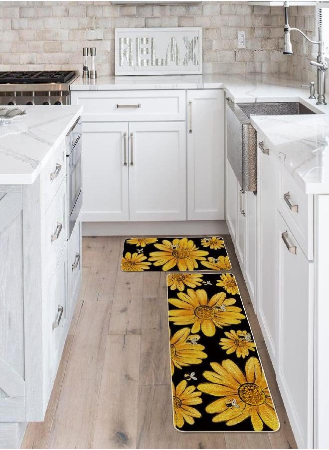 Artoid Mode Sunflower Bees Summer Kitchen Mats Set of 2, Seasonal Spring Holiday Home Decor Low-Profile Kitchen Rugs for - 17x29 and 17x47 Inch