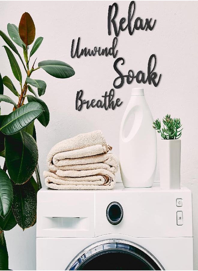 4 Pieces Bathroom Decor Wooden Bathroom Sign Soak Relax Unwind Breathe Plaque Wall Arts Decorations Cutout Farmhouse Sign for Bathroom Toilet Dressing Room Laundry Room (Black)