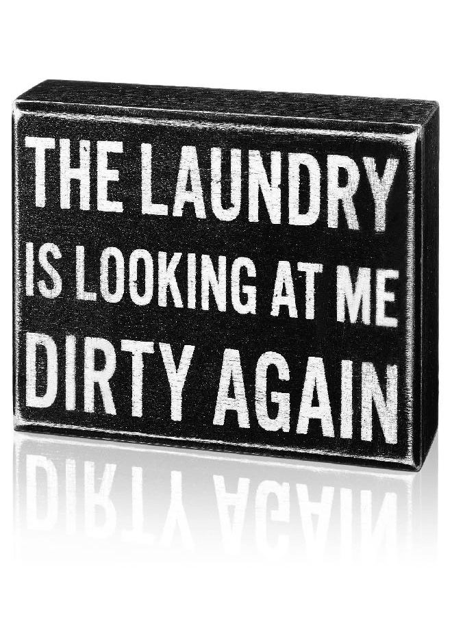 Farmhouse Laundry Room Decor Laundry Box Sign Funny Laundry Room Signs Rustic The Laundry Is Looking at Me Dirty Again Wood Box Sign for Home Bathroom Decoration, 5.5 x 6 x 1.77 Inches (Cute Color)