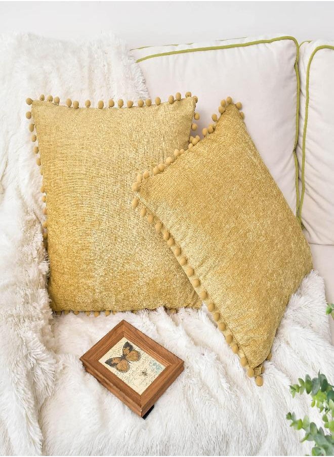 CaliTime Throw Pillow Cases Pack of 2 Cozy Solid Dyed Soft Chenille Cushion Covers with Pom Poms for Couch Sofa Home Decoration 18 X 18 Inches Gold