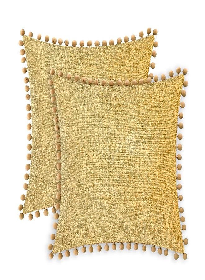 CaliTime Throw Pillow Cases Pack of 2 Cozy Solid Dyed Soft Chenille Cushion Covers with Pom Poms for Couch Sofa Home Decoration 18 X 18 Inches Gold