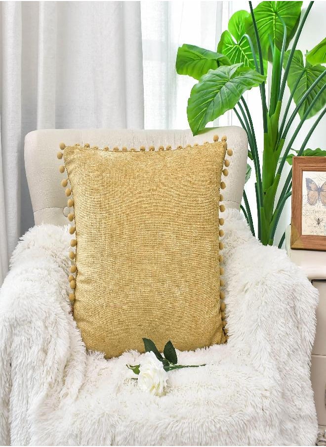 CaliTime Throw Pillow Cases Pack of 2 Cozy Solid Dyed Soft Chenille Cushion Covers with Pom Poms for Couch Sofa Home Decoration 18 X 18 Inches Gold