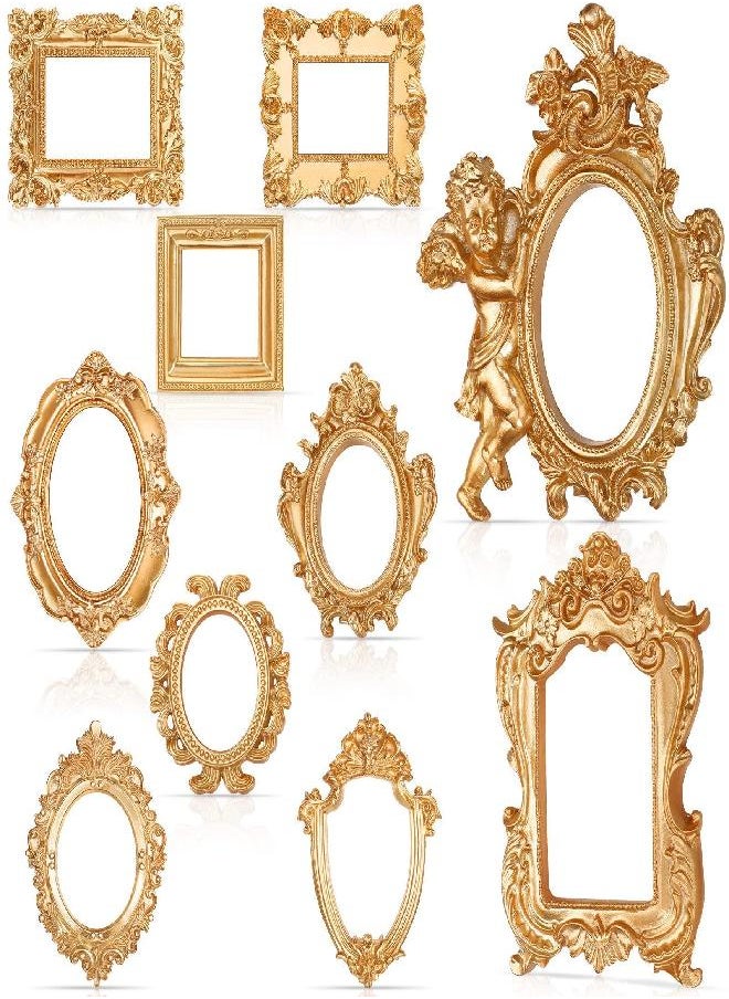 Yulejo 10 Pcs Vintage Resin Picture Frame Antique Photo Frame Vintage Collage Frame Mini Oval Rectangle Frames Wall Hanging Frames for DIY Jewelry Display Home Decor, Without Glass or Backing (Gold)