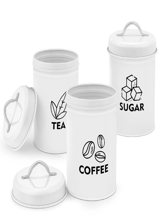 TeamFar Canister Sets for Kitchen Counter, 3 Pcs Coffee Sugar Tea Kitchen Canisters, White Metal Farmhouse Decor Storage Containers with Airtight Lid, Sealable & Sturdy, Easy to Clean