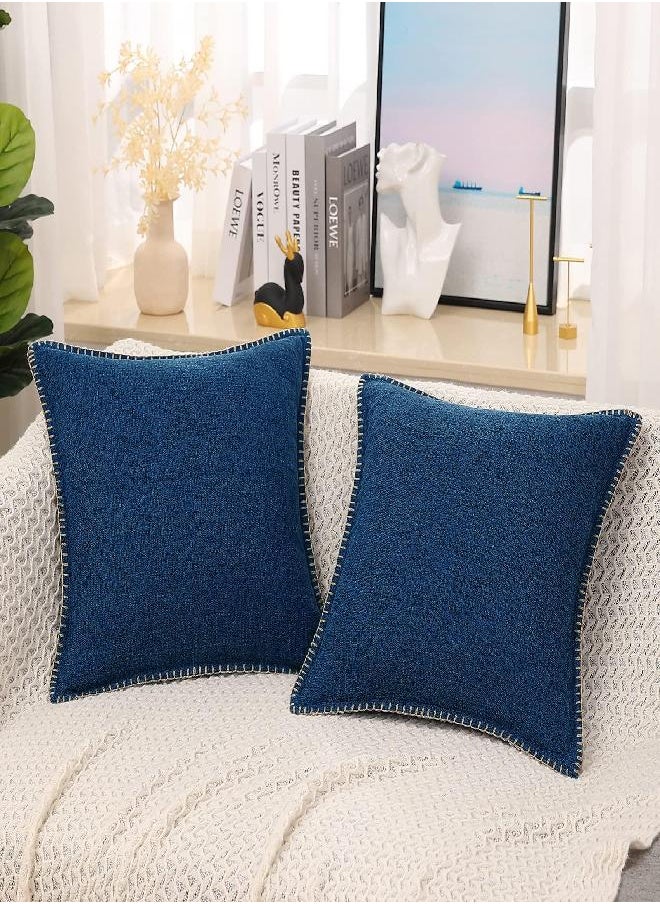 decorUhome Decorative Outdoor Throw Pillow Covers 22x22 Set of 2, Square Linen Farmhouse Pillow Covers with Stitched Edge, Rustic Pillow Covers for Couch, Sofa, Living Room, Dark Blue