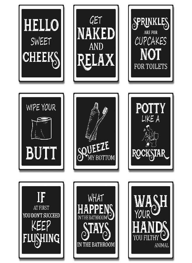 9 Pieces Bathroom Wall Art Wall Decor, Funny Vintage Bathroom Sign Bathroom Quotes Sayings Art Prints Bathroom Posters for Wall Restroom Bathroom Decor Pictures, Unframed (White Font)