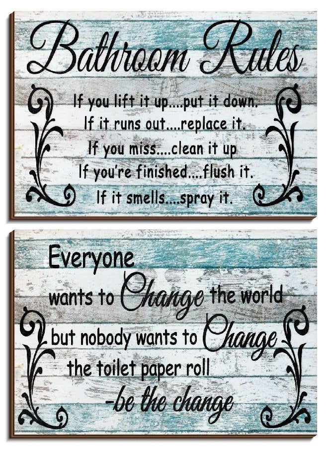 2 Pieces Wall Decor , Bathroom Rules Flower Wall Art, Funny Ocean Beach Farmhouse Toilet Rustic Wooden Signs (Chic Style)