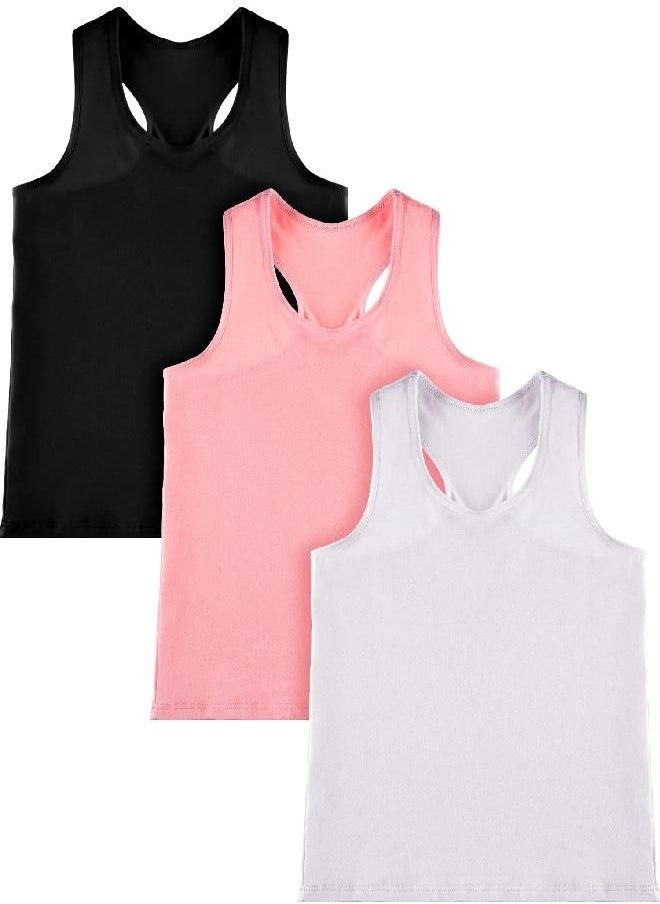 3 Pieces Girls Dance Tank Top Racerback Crop Tank Top Sleeveless Dance Top for Ballet Gymnastics Dancewear (Black, White, Pink, 7-8 Years)