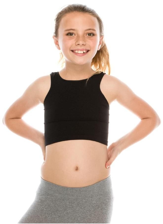 Kurve Premium Girls Seamless Supersoft Sleeveless Crop Tank Top - Stretchy Bra, UV UPF 50+ (Made in USA), Black, 4 Years-8 Years
