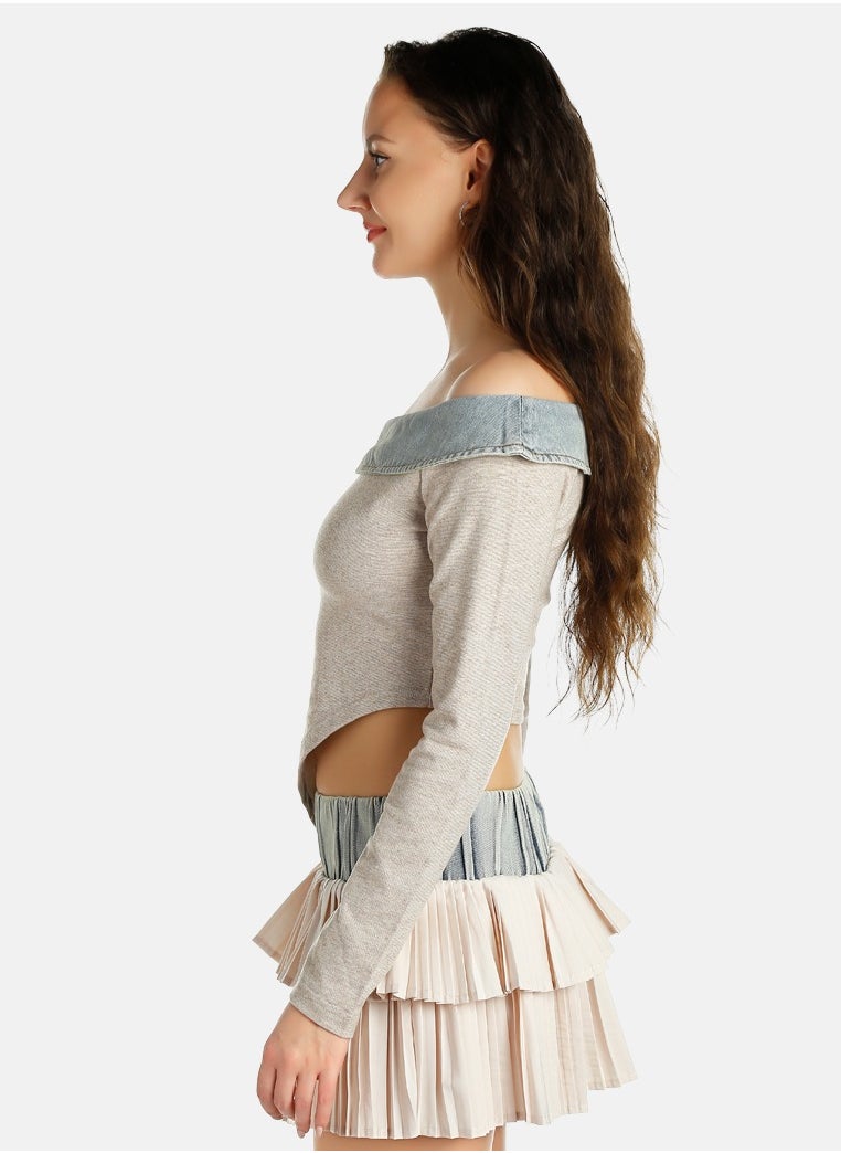 Off Shoulder Denim Paneling Top