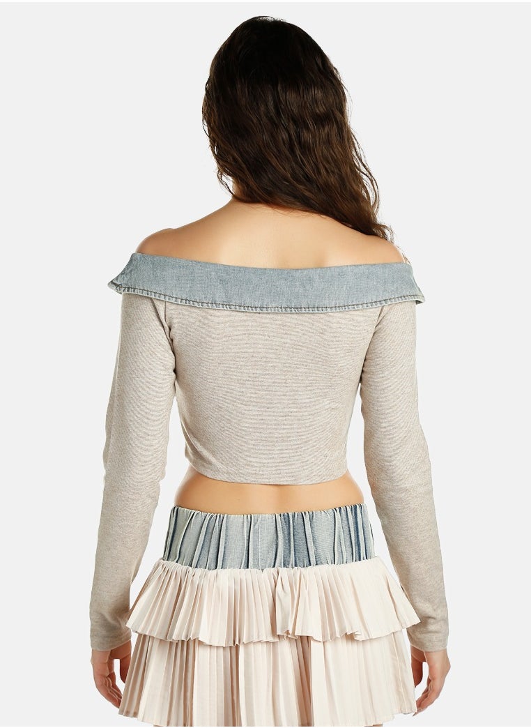 Off Shoulder Denim Paneling Top