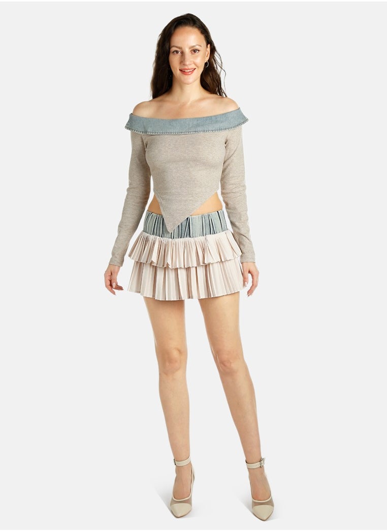Off Shoulder Denim Paneling Top
