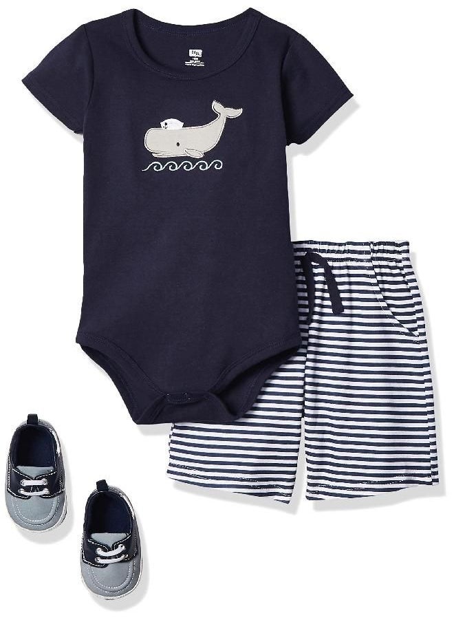 Hudson Baby Unisex Baby Cotton Bodysuit, Shorts and Shoe Set, Sailor Whale, 9-12 Months