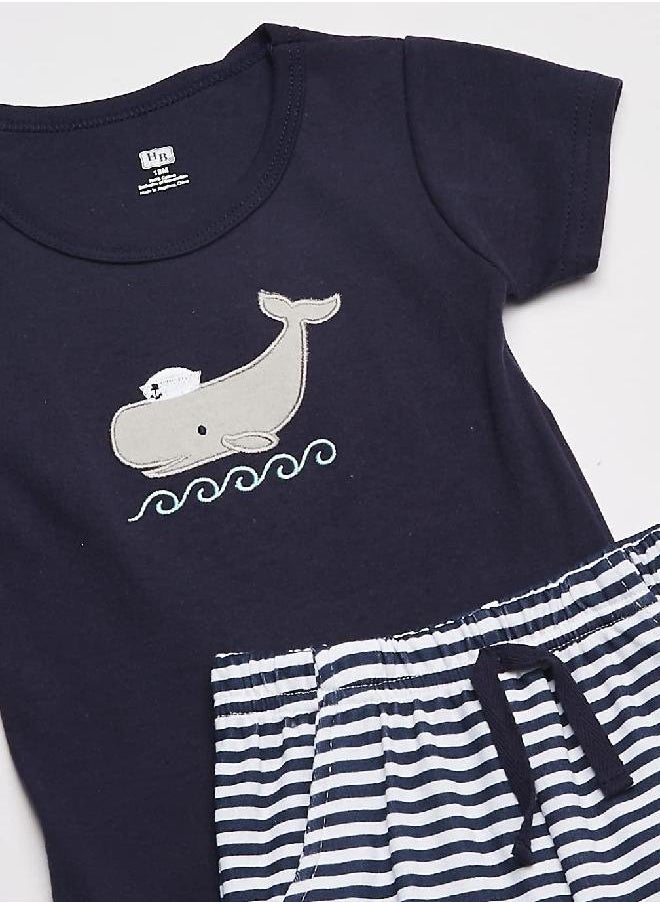 Hudson Baby Unisex Baby Cotton Bodysuit, Shorts and Shoe Set, Sailor Whale, 9-12 Months