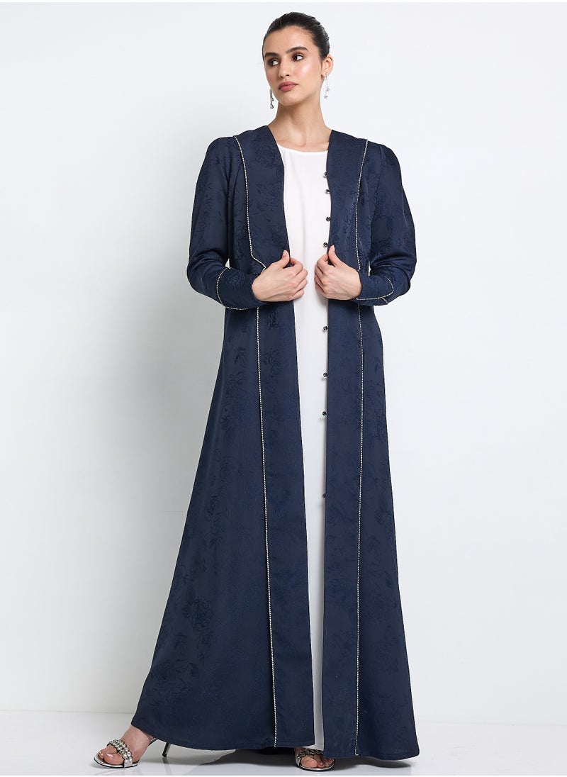 Elegant Blue Abaya with Printed Fabric Buff and Pleated Sleeve Design